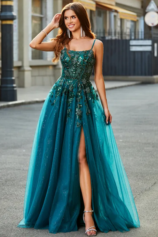 Dark Green A Line Spaghetti Straps Tulle Long Appliqued Prom Dress With Slit made by Wedtrend
