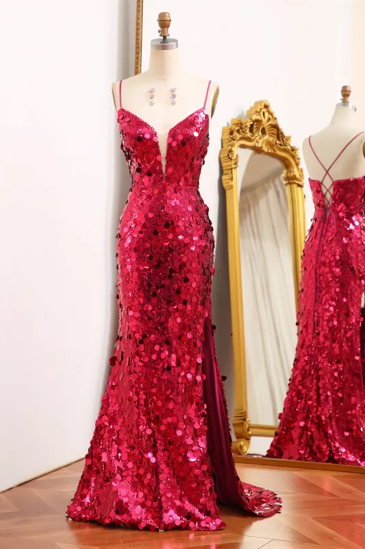 Fuchsia Mermaid Sparkly Sequins Long Prom Dress With Slit made by Wedtrend