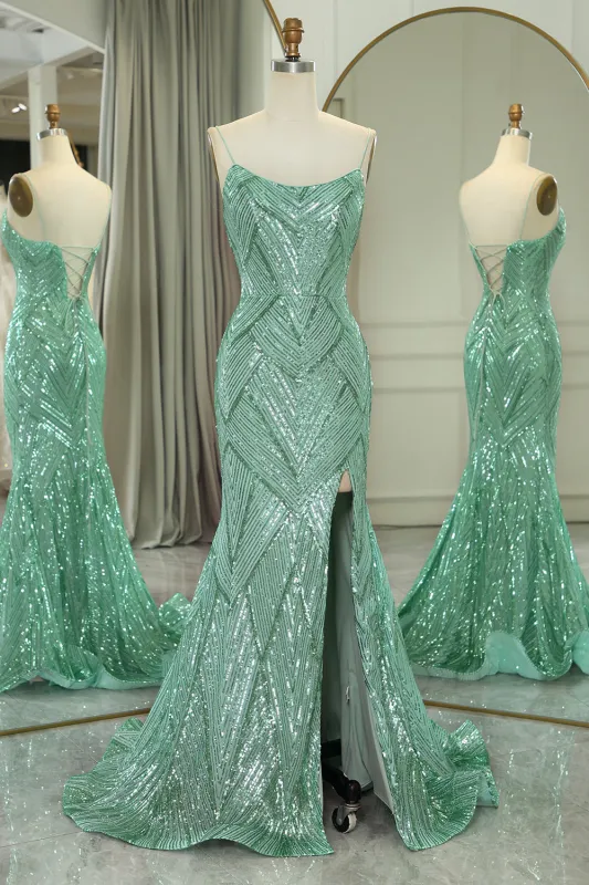 Sparkly Green Mermaid Spaghetti Straps Long Prom Dress With Slit sold by Wedtrend