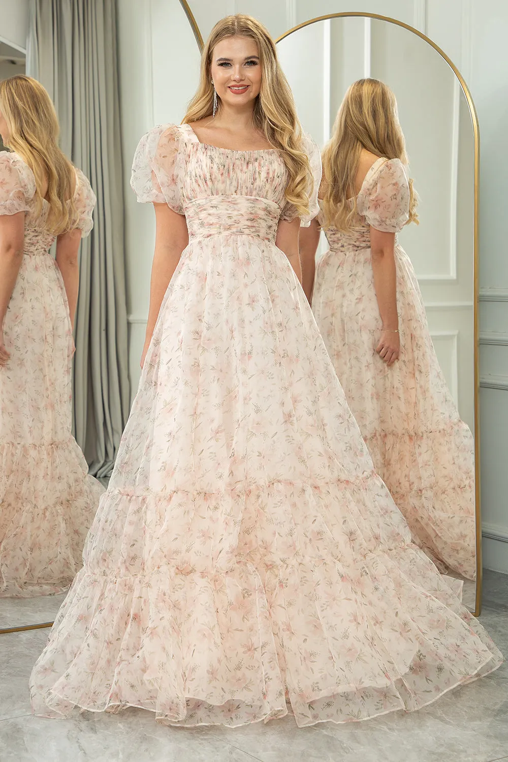 Champagne A Line Square Neck Pleated Long Prom Dress With Short Sleeves sold by Wedtrend product image thumbnail 4