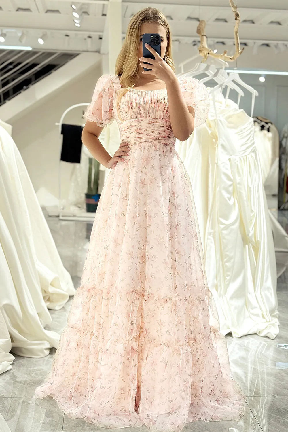 Champagne A Line Square Neck Pleated Long Prom Dress With Short Sleeves sold by Wedtrend