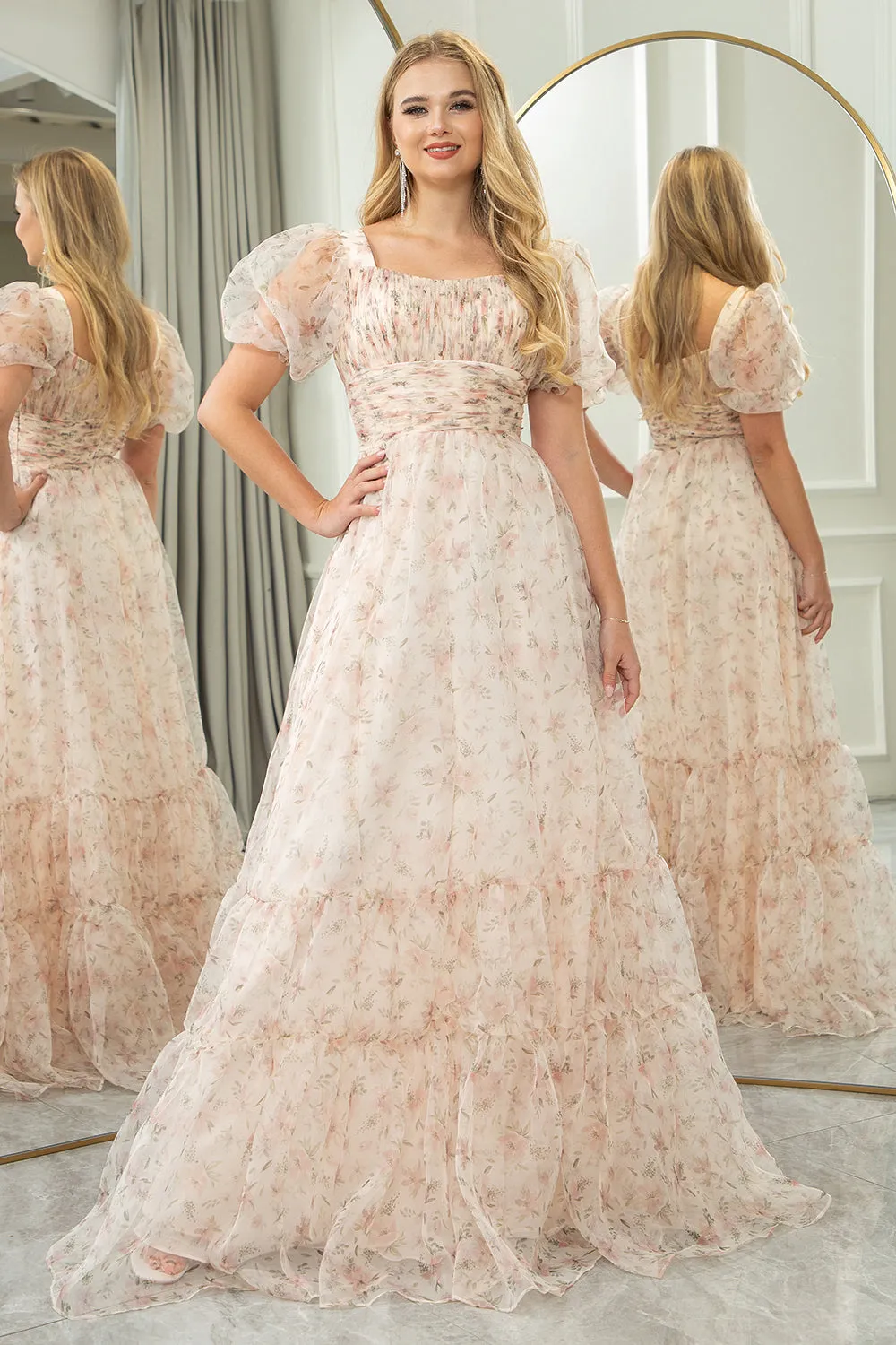Champagne A Line Square Neck Pleated Long Prom Dress With Short Sleeves sold by Wedtrend product image thumbnail 3