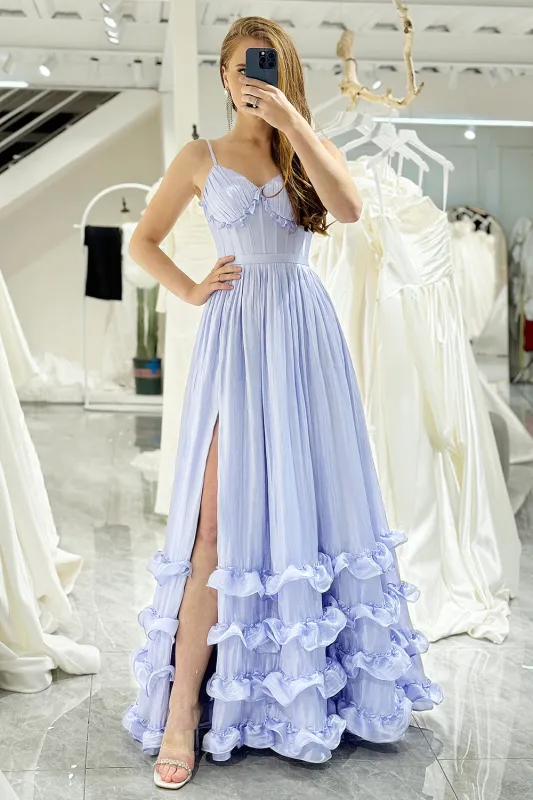 A Line Spaghetti Straps Tiered Long Corset Lavender Prom Dress With Slit sold by Wedtrend