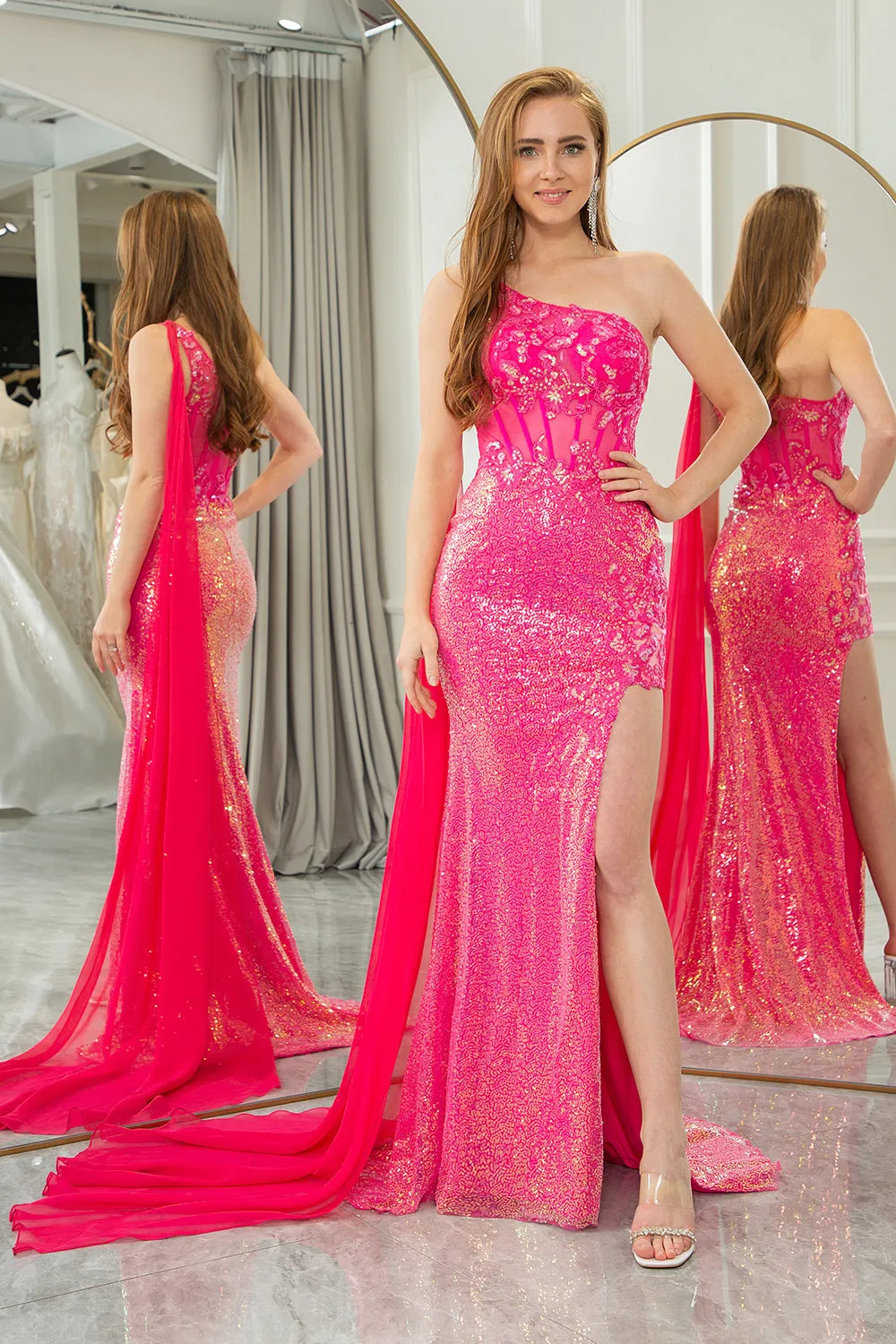 Sparkly Fuchsia Mermaid One Shoulder Corset Prom Dress With Slit sold by Wedtrend product image thumbnail 3