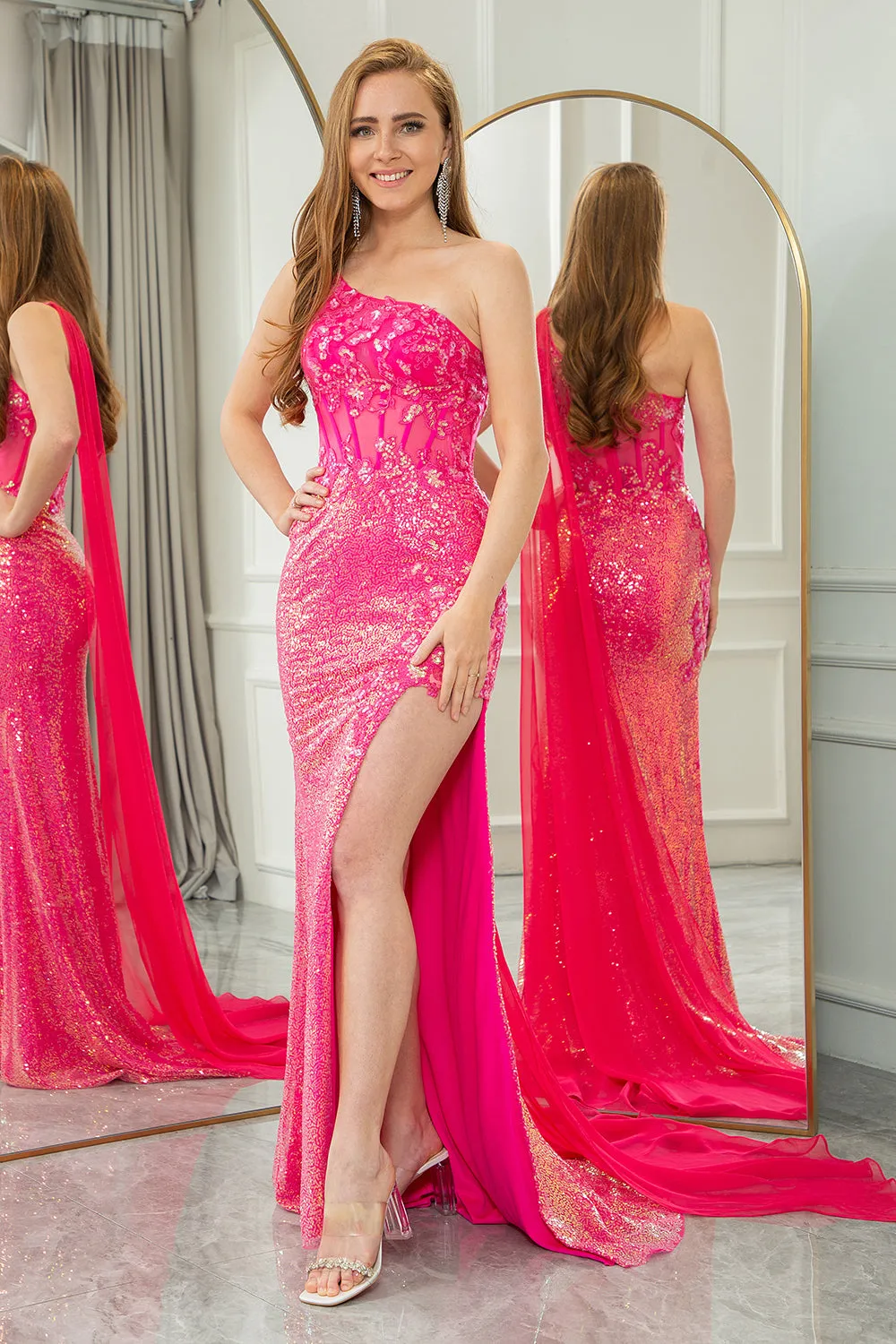 Sparkly Fuchsia Mermaid One Shoulder Corset Prom Dress With Slit sold by Wedtrend product image thumbnail 4