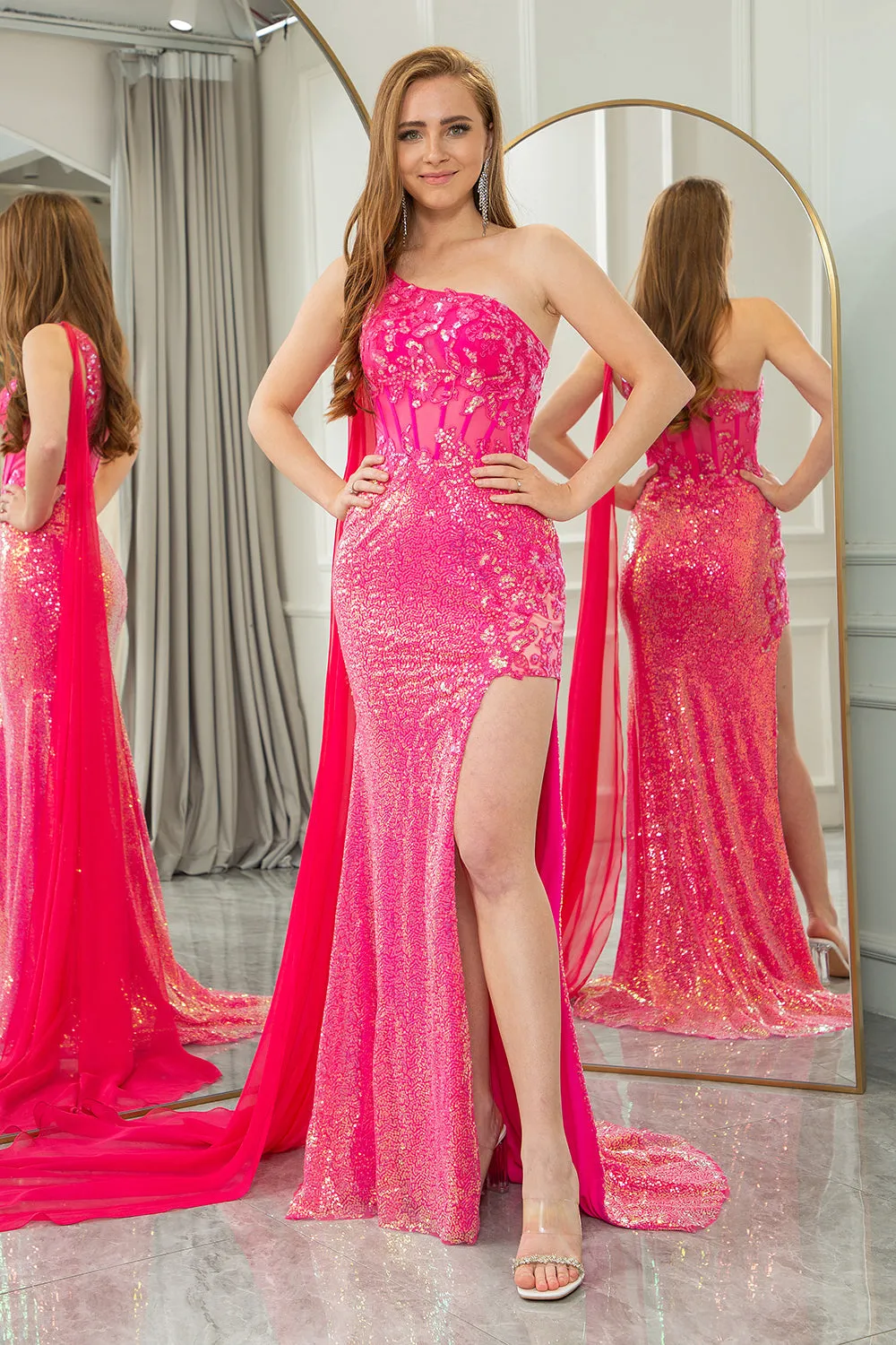 Sparkly Fuchsia Mermaid One Shoulder Corset Prom Dress With Slit sold by Wedtrend