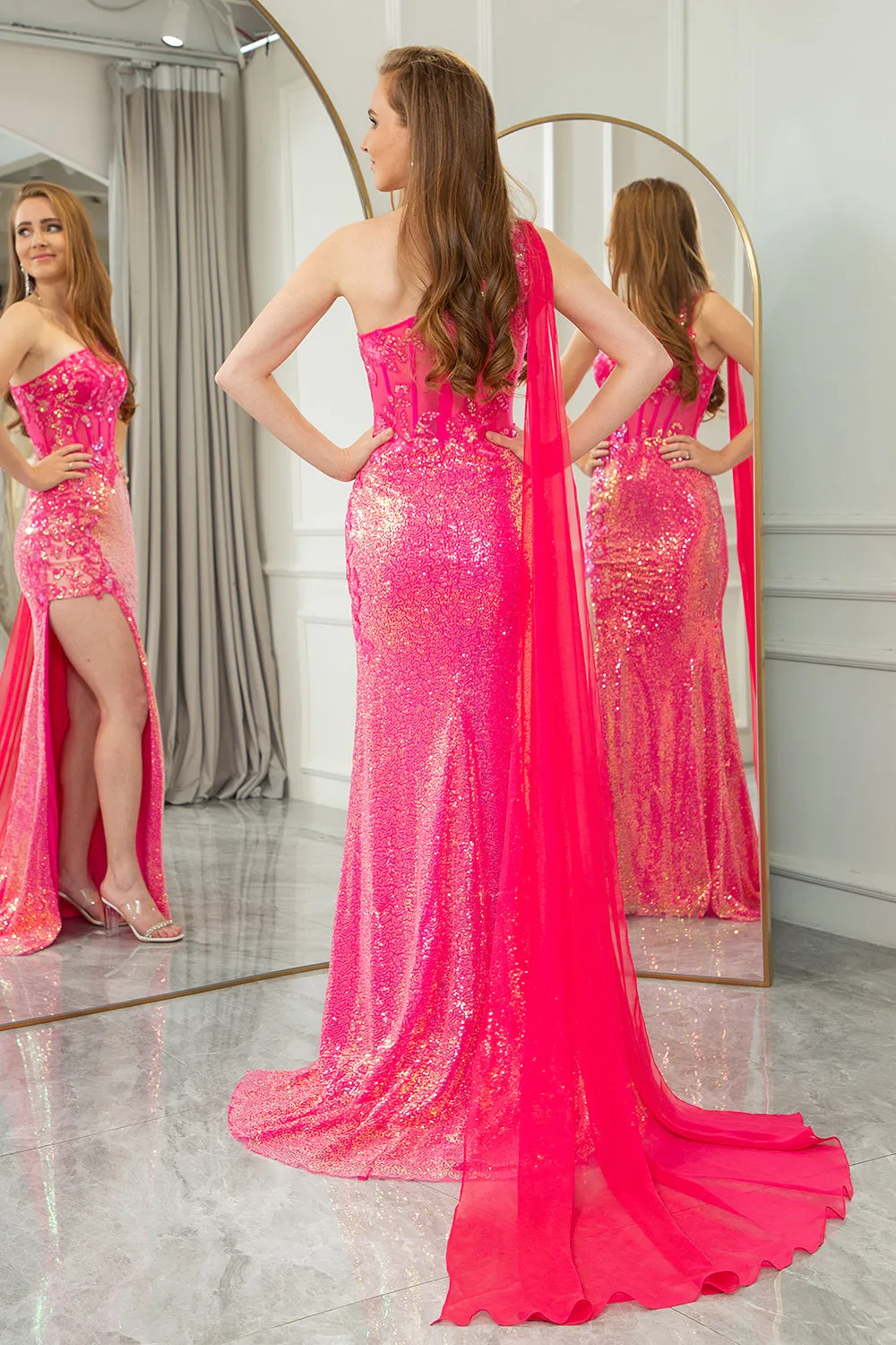 Sparkly Fuchsia Mermaid One Shoulder Corset Prom Dress With Slit sold by Wedtrend product image thumbnail 5