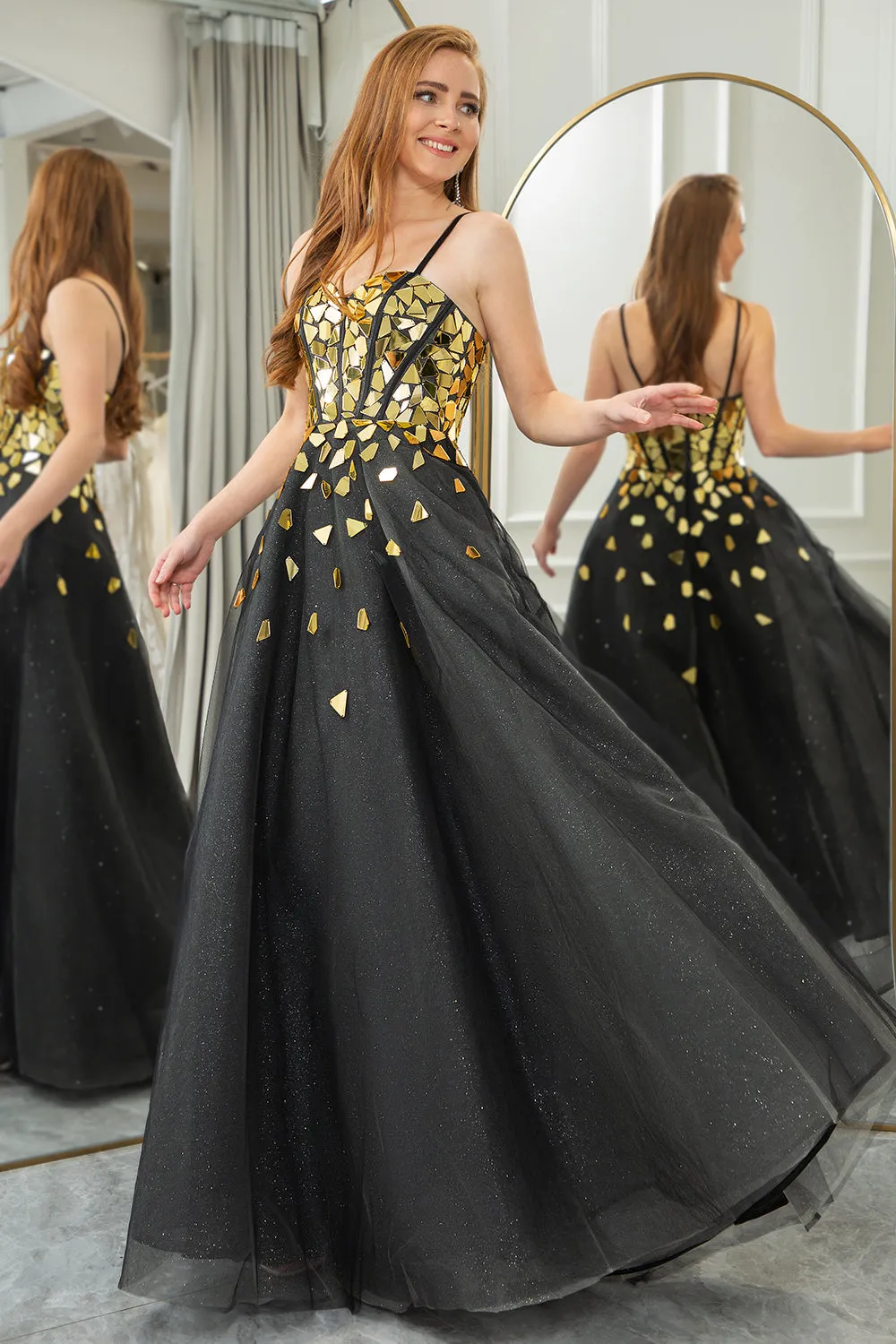 Black Golden A Line Spaghetti Straps Sequins Long Corset Mirror Prom Dress sold by Wedtrend