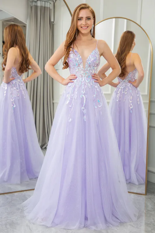 Lilac A Line Tulle Backless Long Sparkly Prom Dress With Sequined Appliques made by Wedtrend