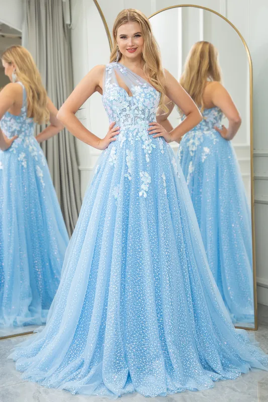 Light Blue A Line One Shoulder Sparkly Sequin Tulle Prom Dress With Appliques made by Wedtrend