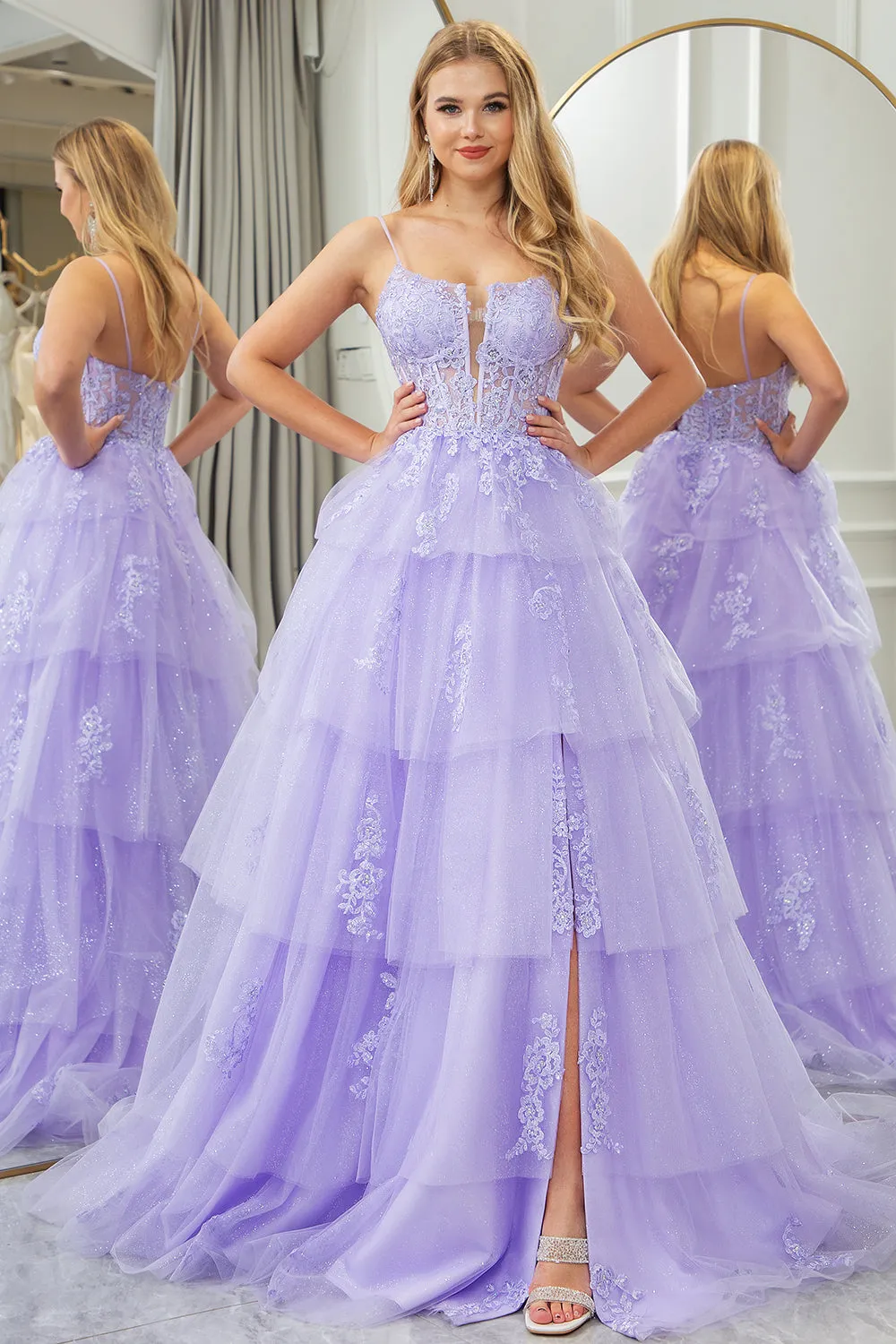 Sparkly Lilac A Line Appliqued Tiered Long Corset Prom Dress With Slit sold by Wedtrend