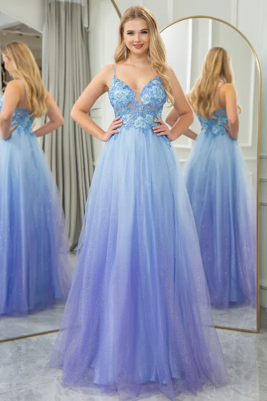 Sparkly Blue A Line Gradient Tulle Long Prom Dress With Appliques made by Wedtrend