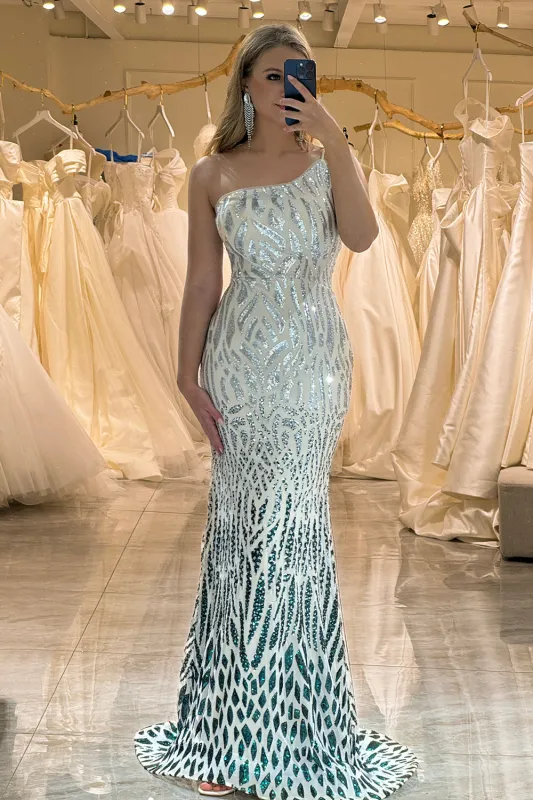 Mermaid Dark Green One Shoulder Long Sparkly Sequins Prom Dress sold by Wedtrend