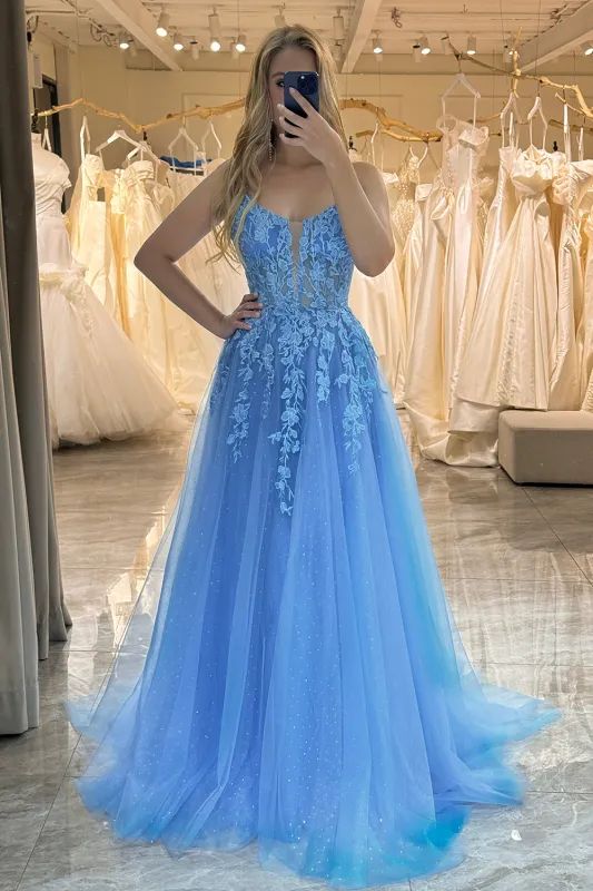 A-Line Spaghetti Straps Tulle Long Blue Prom Dress With Appliques made by Wedtrend