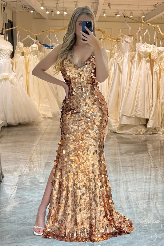 Rose Golden Mermaid Spaghetti Straps Sparkly Sequin Prom Dress With Slit sold by Wedtrend