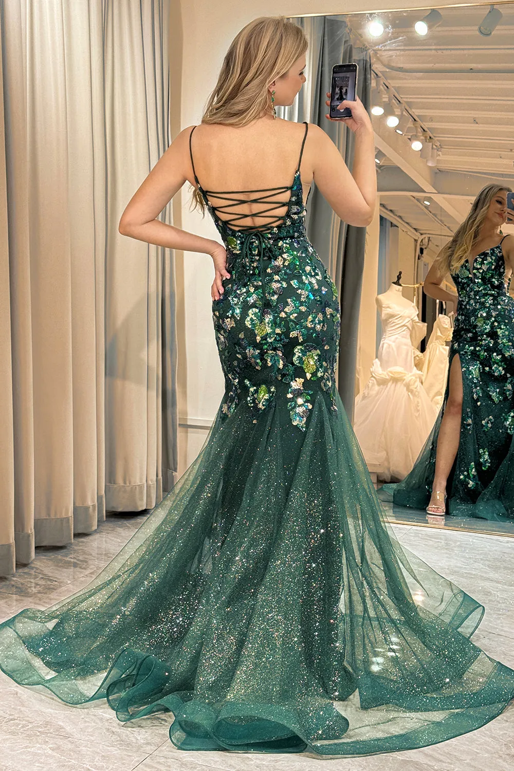 Dark Green Mermaid Butterflies Appliques Lace-Up Back Prom Dress with Slit sold by Wedtrend product image thumbnail 2