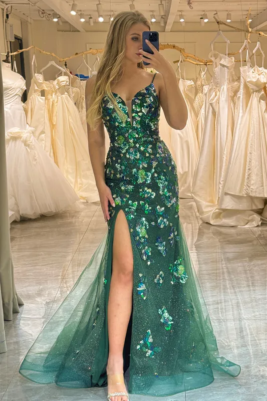 Dark Green Mermaid Butterflies Appliques Lace-Up Back Prom Dress with Slit sold by Wedtrend