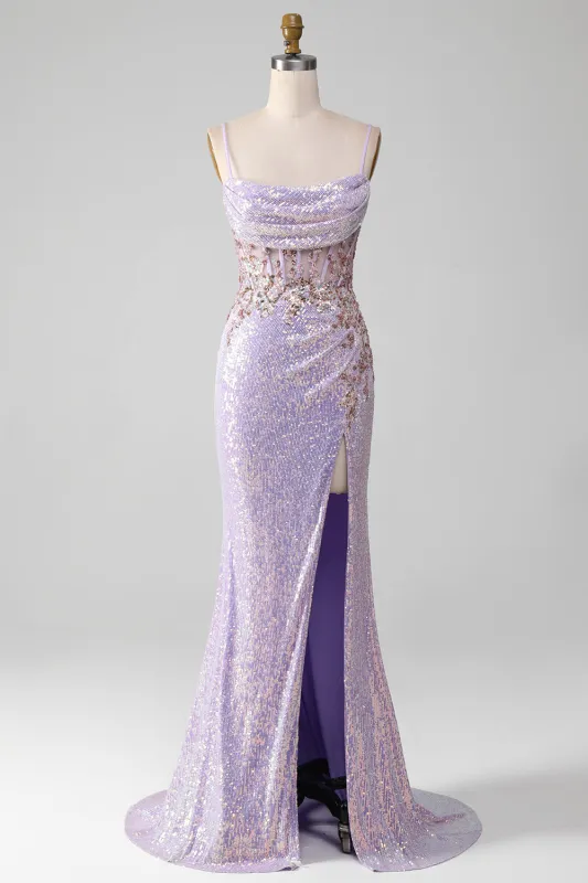 Lilac Mermaid Spaghetti Straps Sparkly Sequin Corset Prom Dress with Slit sold by Wedtrend