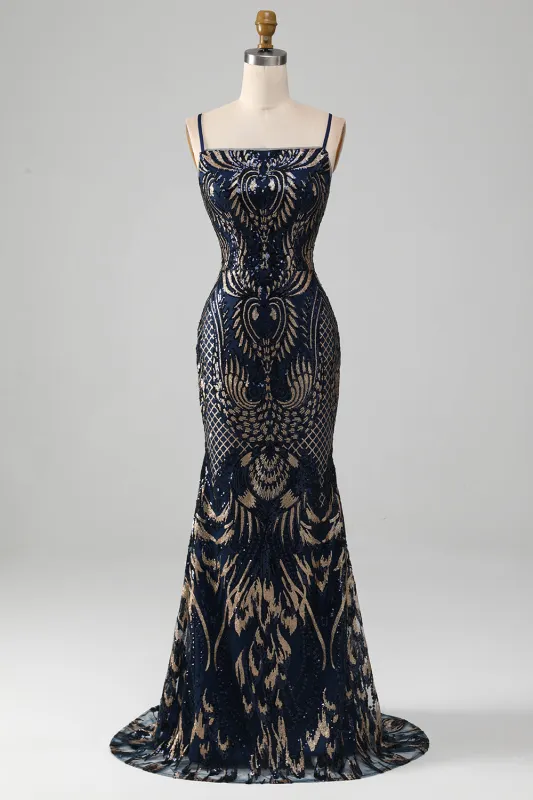 Navy Mermaid Spaghetti Straps Sparkly Sequin Prom Dress made by Wedtrend