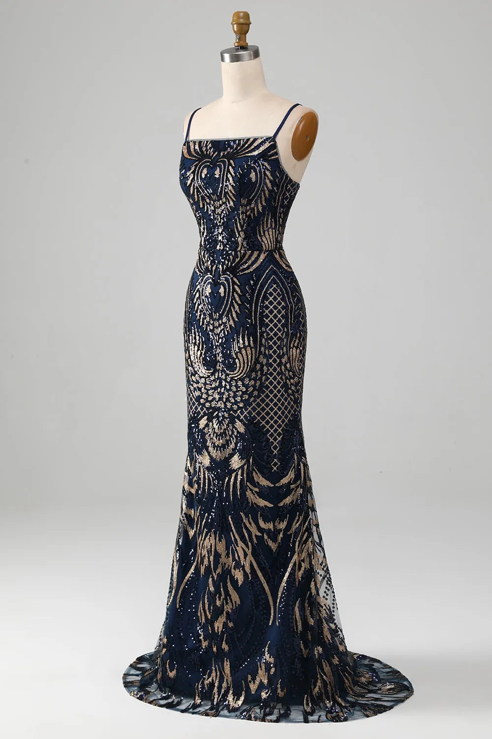 Navy Mermaid Spaghetti Straps Sparkly Sequin Prom Dress sold by Wedtrend product image thumbnail 3