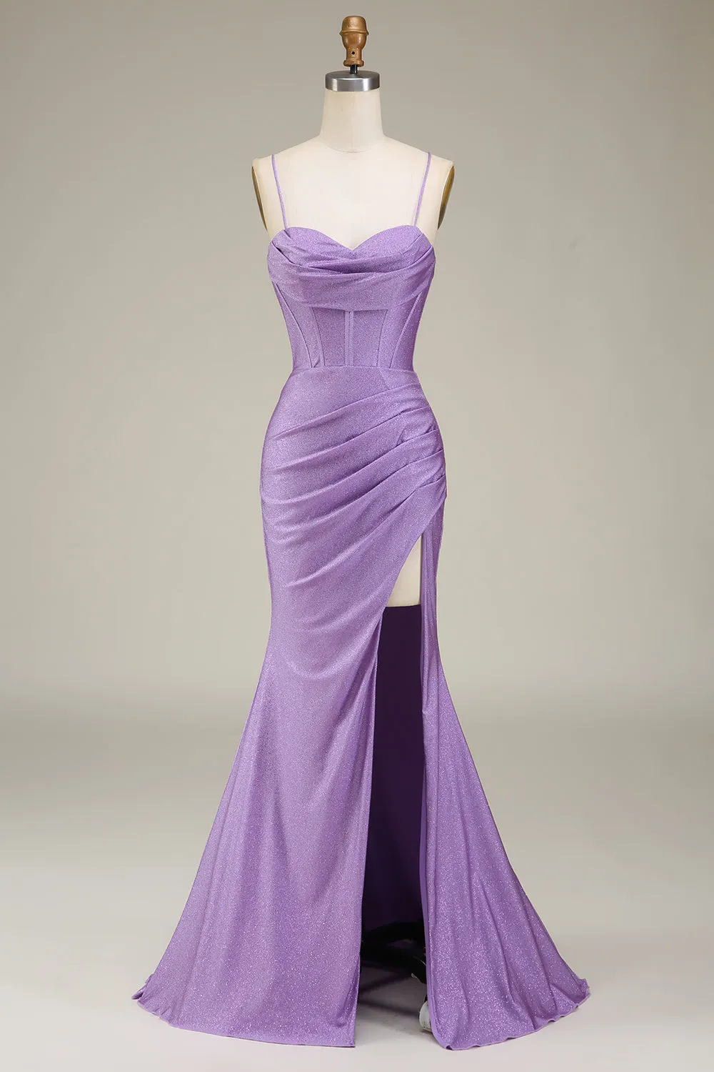 Lilac Mermaid Spaghetti Straps Satin Corset Prom Dress with Slit sold by Wedtrend