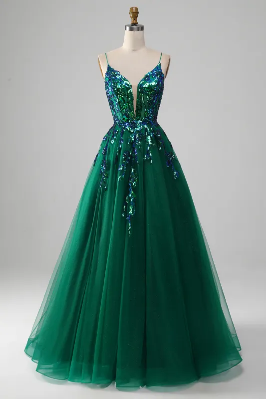Dark Green Ball-Gown Spaghetti Straps Tulle Prom Dress with Sequins made by Wedtrend