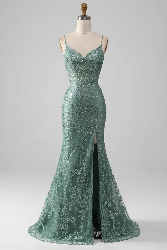 Grey Green Sheath Spaghetti Staps Sparkly Beaded Prom Dress with Slit sold by Wedtrend