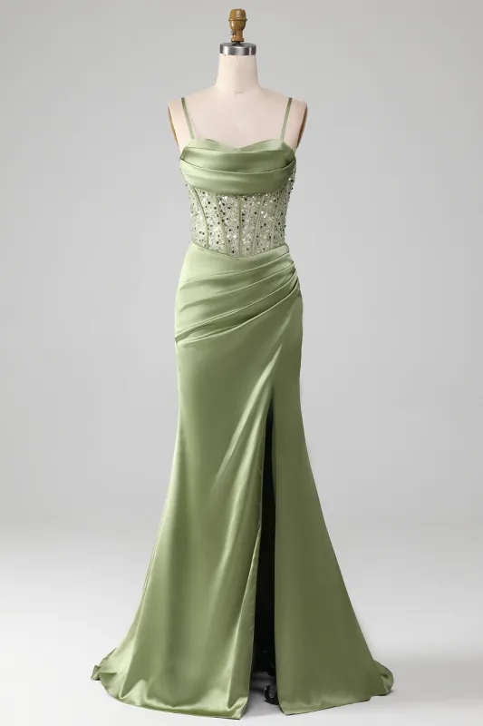 Sage Green Mermaid Sparkly Sequin Pleated Corset Satin Prom Dress sold by Wedtrend