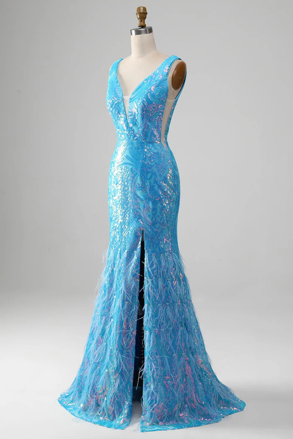 Sparkly Blue Mermaid V-Neck Long Feather Prom Dress With Slit sold by Wedtrend product image thumbnail 3