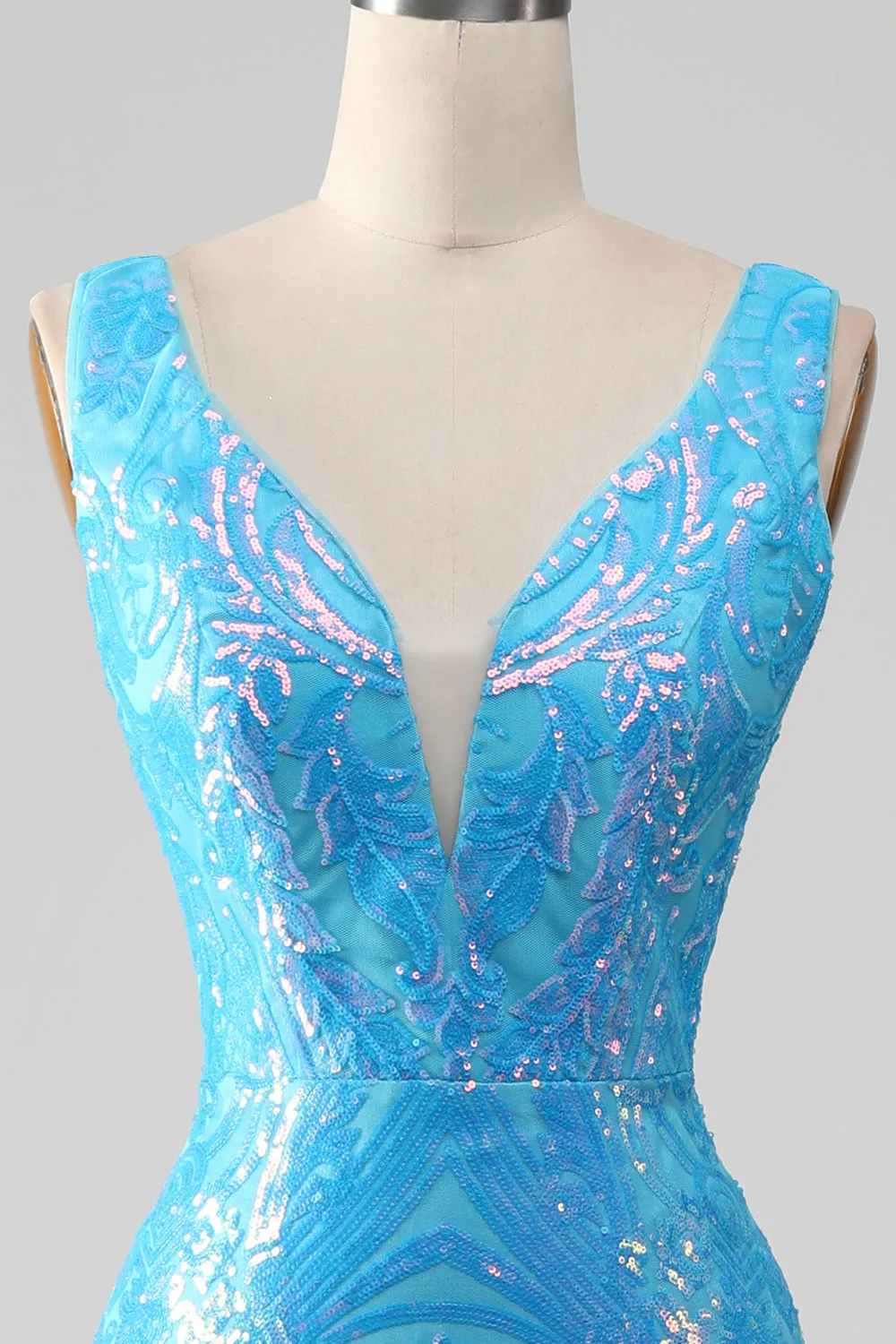 Sparkly Blue Mermaid V-Neck Long Feather Prom Dress With Slit sold by Wedtrend product image thumbnail 4