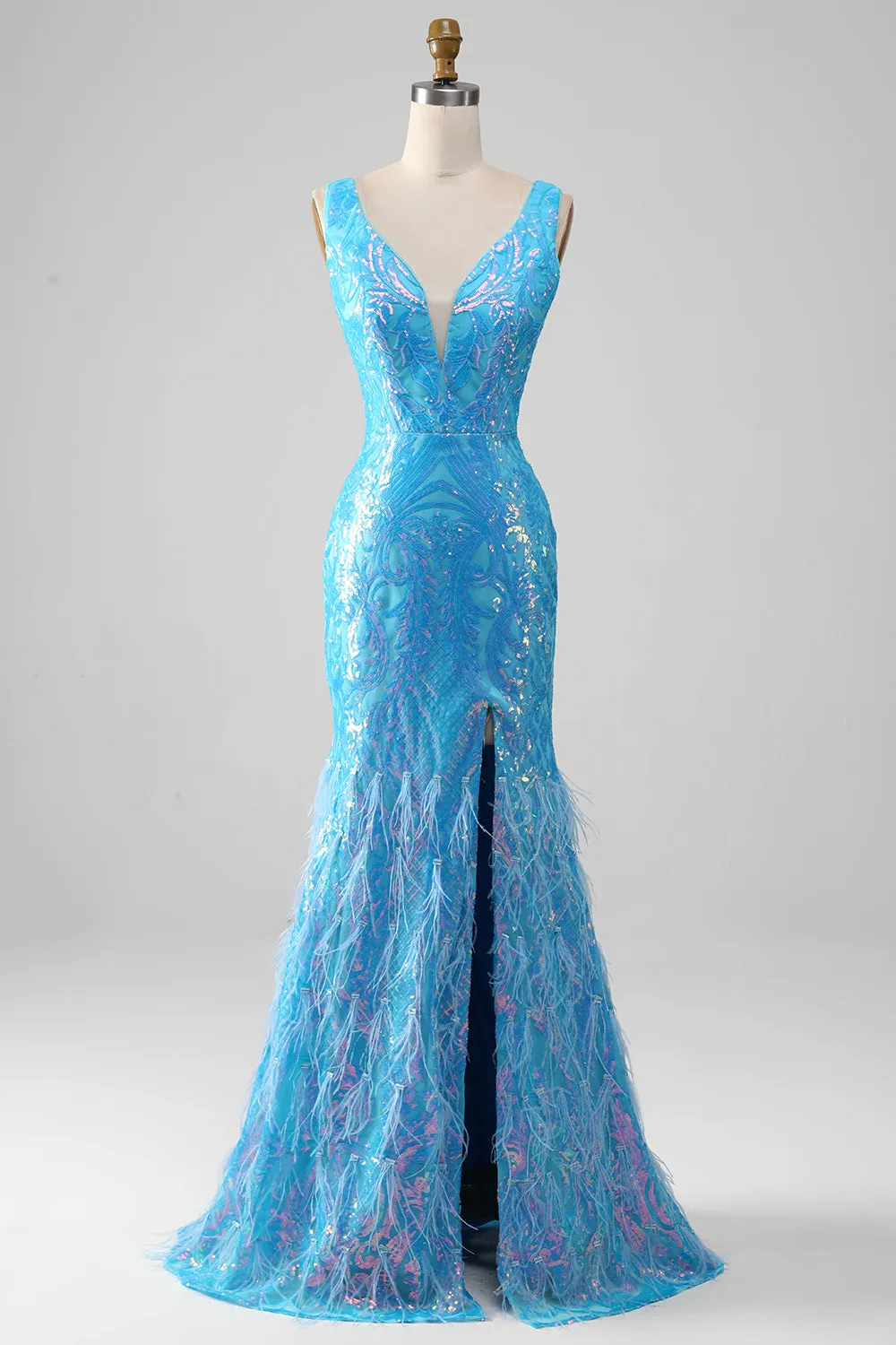 Sparkly Blue Mermaid V-Neck Long Feather Prom Dress With Slit sold by Wedtrend