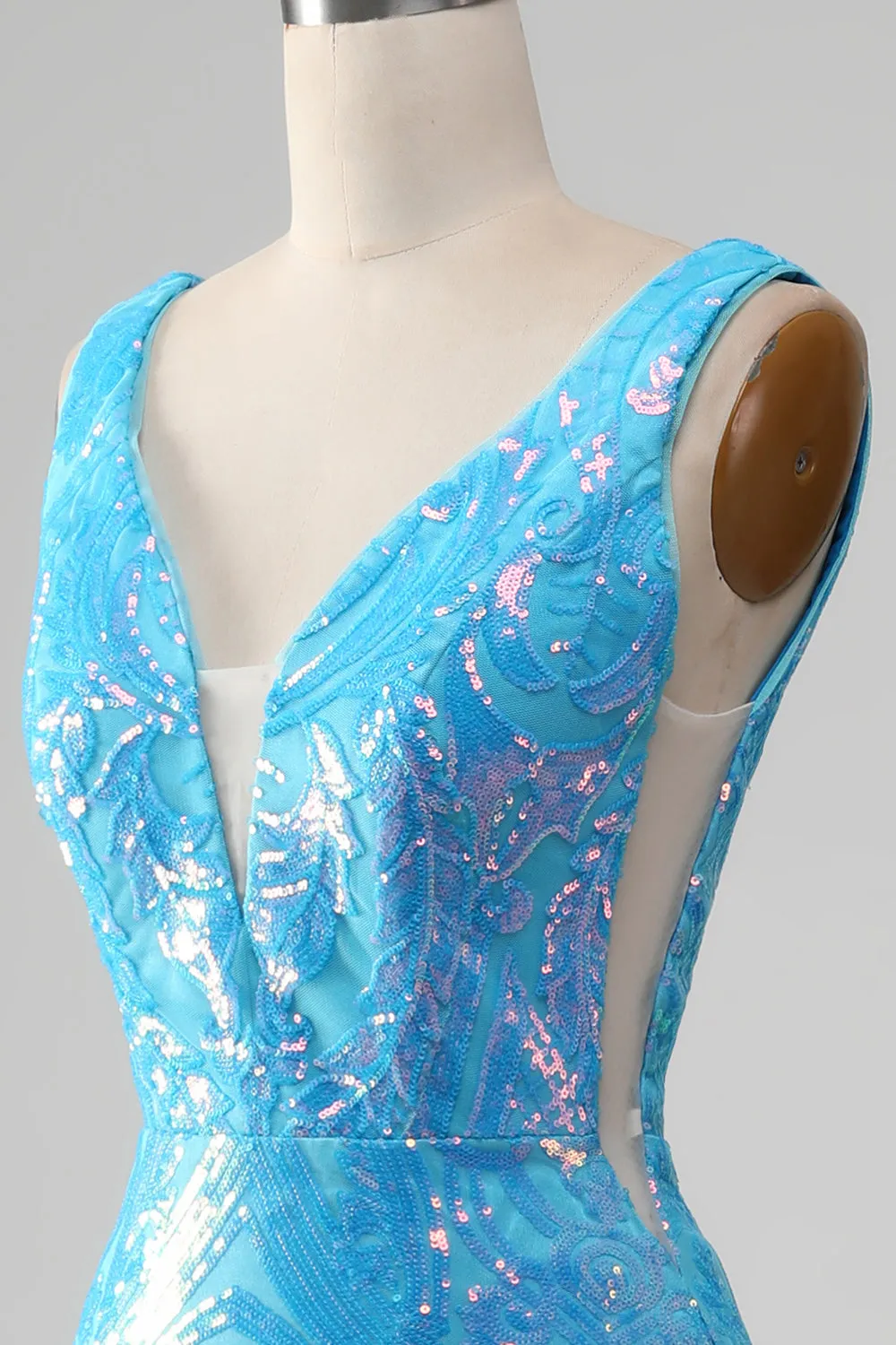 Sparkly Blue Mermaid V-Neck Long Feather Prom Dress With Slit sold by Wedtrend product image thumbnail 5