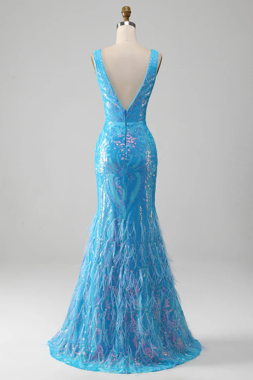 Sparkly Blue Mermaid V-Neck Long Feather Prom Dress With Slit sold by Wedtrend product image thumbnail 2