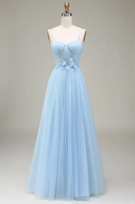 Sparkly Light Blue A-Line Tulle Long Prom Dress With Appliques made by Wedtrend