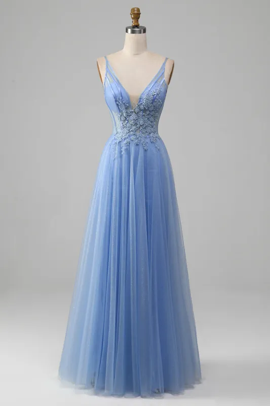 Light Blue A-Line V Neck Tulle Long Prom Dress With Appliques made by Wedtrend