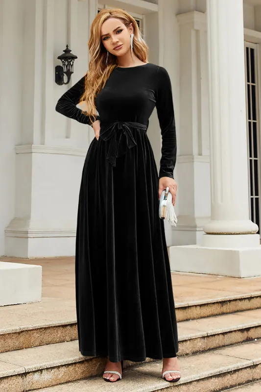Black A Line Jewel Neck Velvet Floor Length Party Dress made by Wedtrend