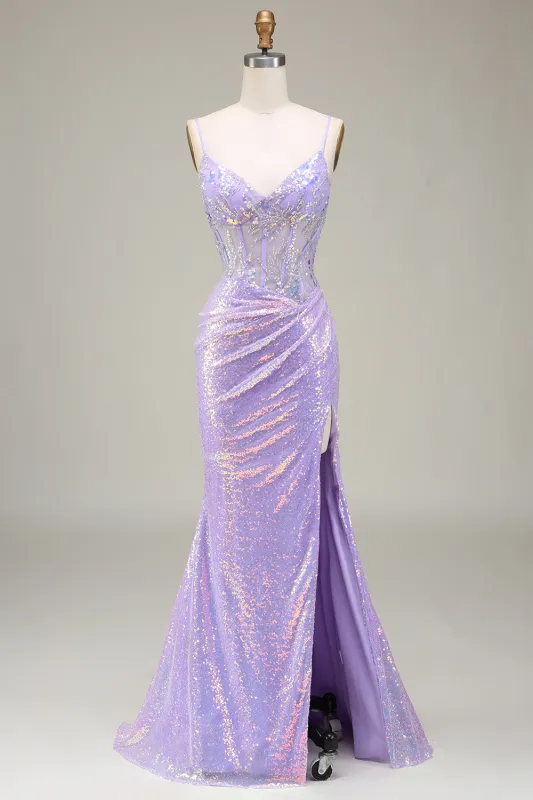Sparkly Light Purple Mermaid Spaghetti Straps Corset Long Prom Dress with Slit made by Wedtrend