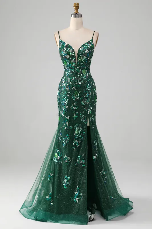 Dark Green Mermaid Lace-Up Back Prom Dress with Butterflies Appliques sold by Wedtrend