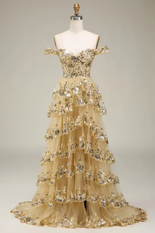 Golden A-Line Off The Shoulder Sequin Prom Dress with Slit sold by Wedtrend