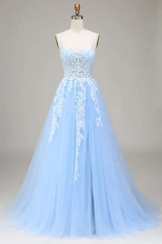 Sky Blue A-Line Spaghetti Straps Tulle Prom Dress with Appliques sold by Wedtrend