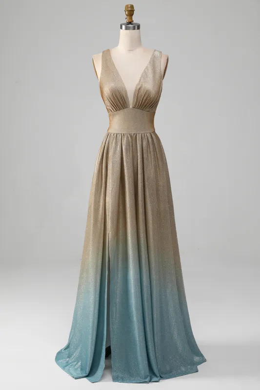 Sparkly Gradient Gold A-Line V-Neck Prom Dress with Slit made by Wedtrend