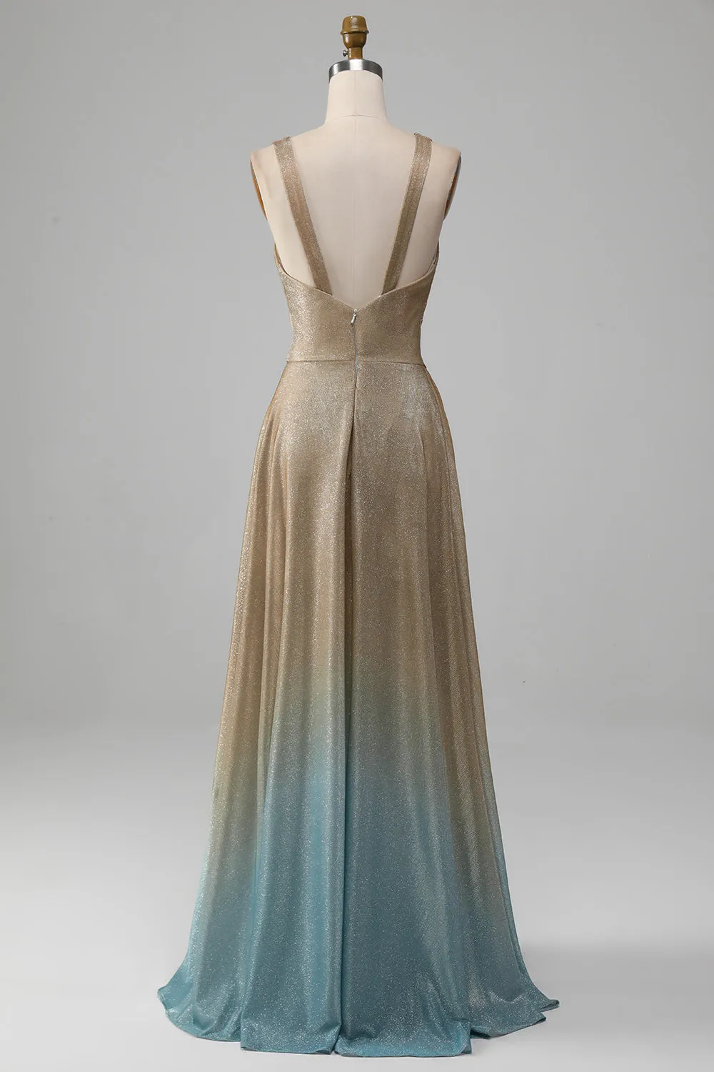 Sparkly Gradient Gold A-Line V-Neck Prom Dress with Slit sold by Wedtrend product image thumbnail 2