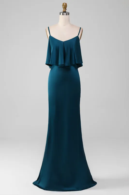Peacock Sheath Spaghetti Straps Long Satin Bridesmaid Dress With Ruffles made by Wedtrend