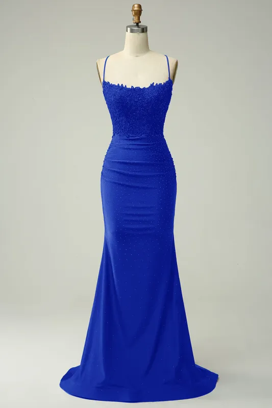 Royal Blue Mermaid Halter Long Prom Dress with Appliques Beading made by Wedtrend