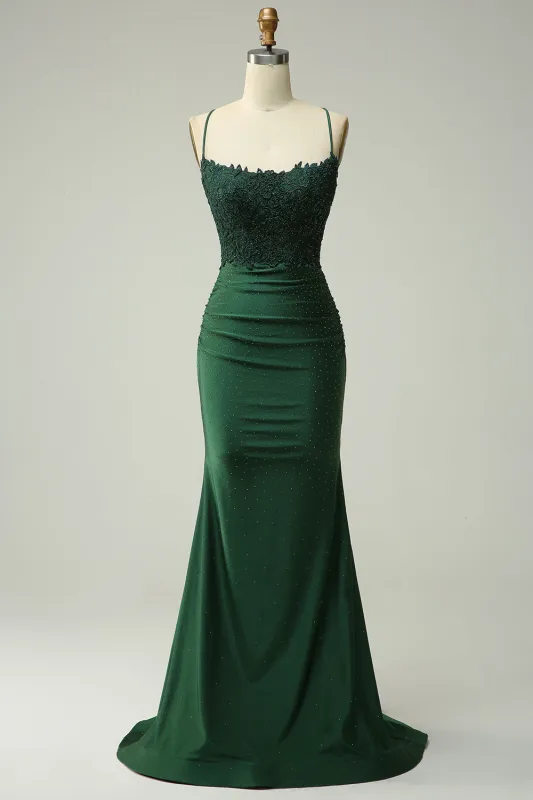 Dark Green Mermaid Spaghetti Straps Long Prom Dress with Beading sold by Wedtrend