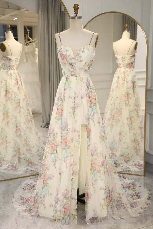 A Line Flower Spaghetti Straps Long Prom Dress With Slit made by Wedtrend