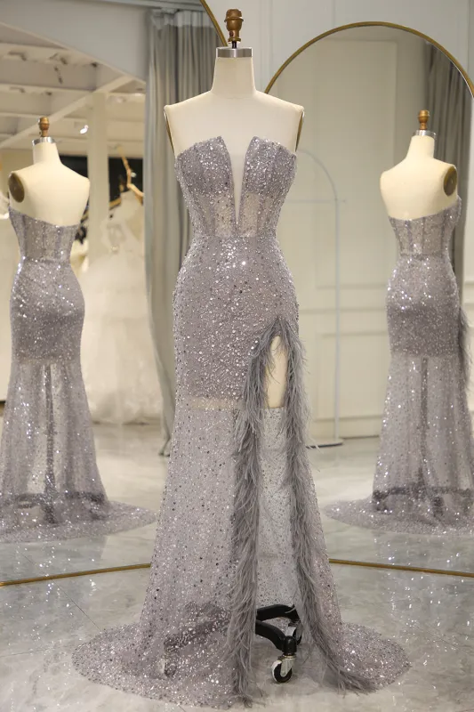 Mermaid Sparkly Grey Sequin Corset Long Prom Dress With Feather Slit made by Wedtrend