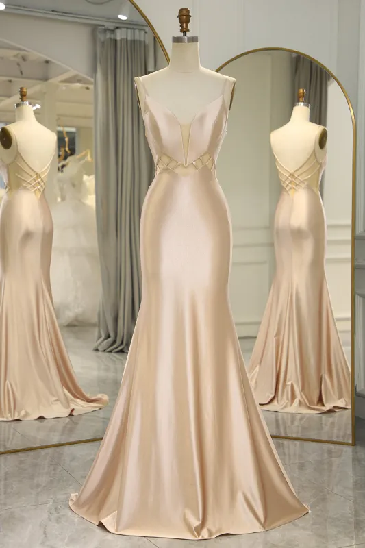 Champagne Mermaid Spaghetti Straps Backless Long Prom Dress sold by Wedtrend