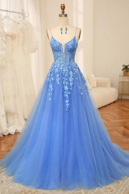 Blue A Line Spaghetti Straps Tulle Long Prom Dress With Beaded Appliques sold by Wedtrend