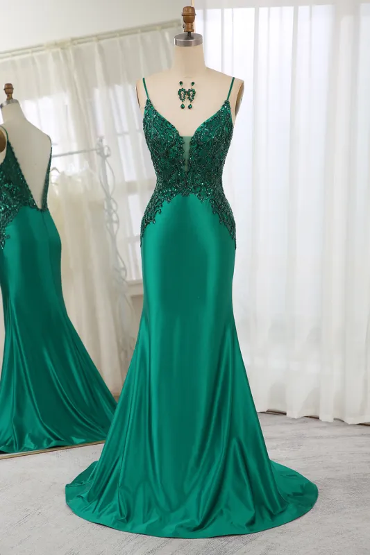 Glitter Dark Green Mermaid Backless Prom Dress With Beaded Appliques sold by Wedtrend